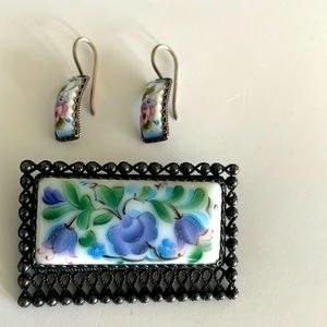Vintage ceramic brooche , earrings